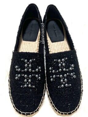 Tory Burch Black Tweed Espadrilles with Pearl Logo